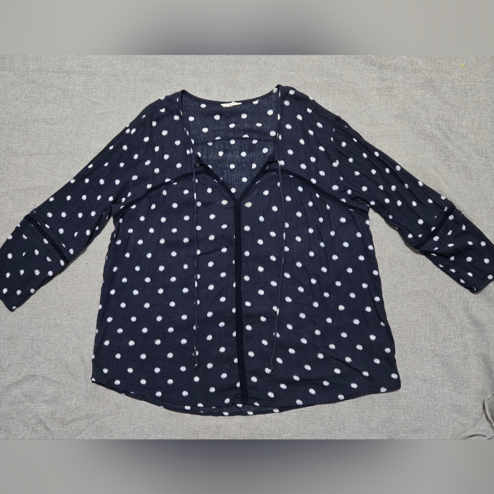 CASLON Blue Boho Blouse White Polka Dots Long Sleeves Size XL - Picture 7 of 12